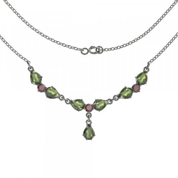 BG stříbrný náhrdelník osázen kameny: granát a vltavín rhutenium 254