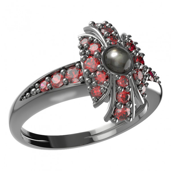 BG stříbrný prsten s perlou a granáty rhutenium 537J