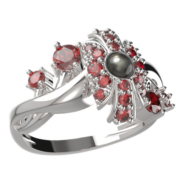 BG stříbrný prsten s perlou a granáty porhodiováno 537P