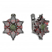 Серьги - модель JBS 409 чернёное серебро (рутений) с молдавитом и гранатом