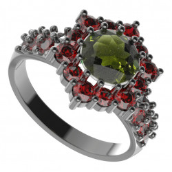 BG stříbrný prsten s přírodním granátem a vltavínem rhutenium 230