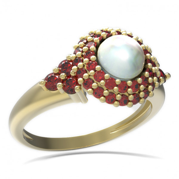 BG stříbrný prsten osázený: přírodní perla a granáty pozlaceno 540U