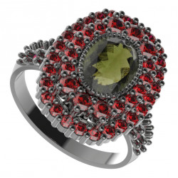 BG stříbrný prsten s kameny čs. granát a vltavín rhutenium 251