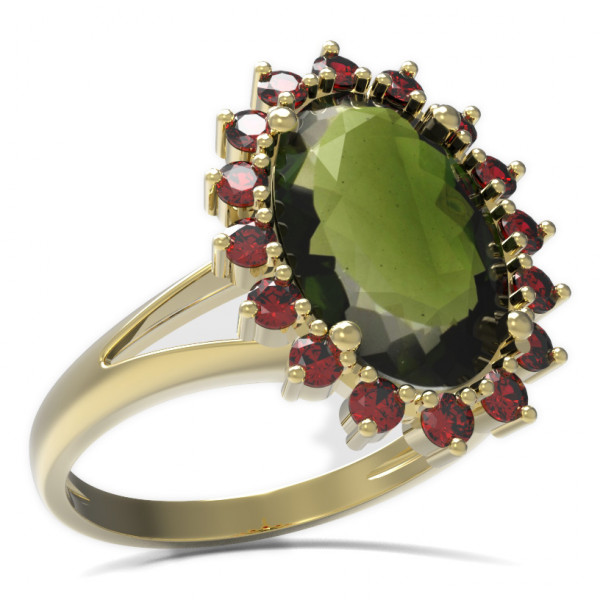 BG zlatý prsten s kameny: český granát a vltavín   507