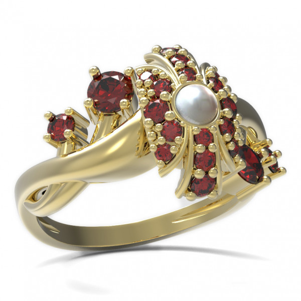 BG stříbrný prsten přírodní perla a granáty pozlaceno 537P