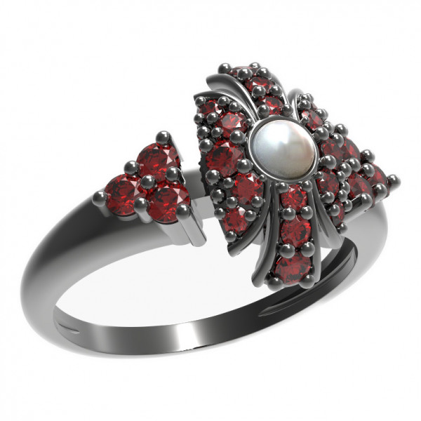 BG stříbrný prsten přírodní perla a granáty rhutenium 537U
