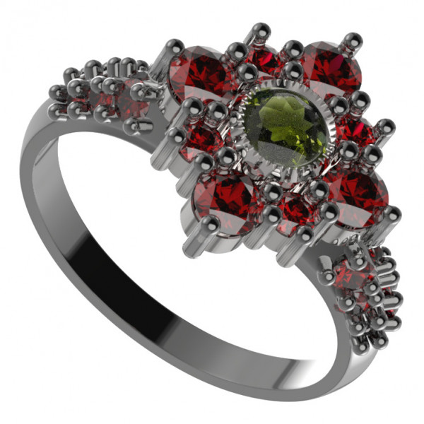 BG stříbrný prsten osázen kameny: granát a vltavín rhutenium 105