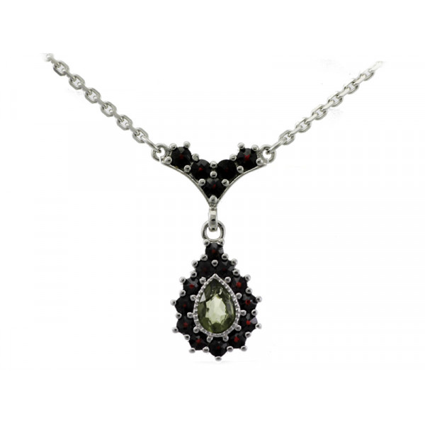 BG stříbrný náhrdelník s českým granátem a vltavínem porhodiováno 351