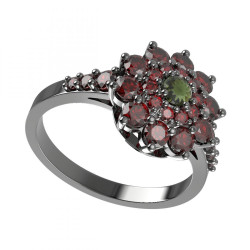 BG stříbrný prsten s přírodním granátem a vltavínem rhutenium 947