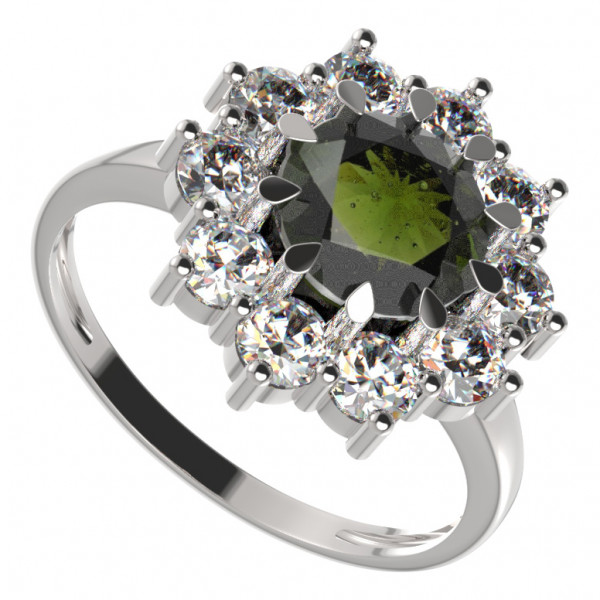 BG stříbrný prsten s vltavínem a kubickými zirkony porhodiováno 011I