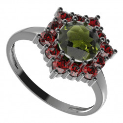 BG stříbrný prsten s kameny: český granát a vltavín rhutenium 230