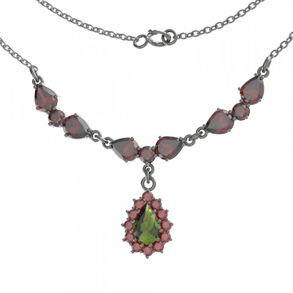 BG stříbrný náhrdelník s kameny čs. granát a vltavín rhutenium 254