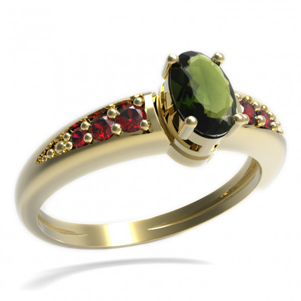 BG zlatý prsten s kameny čs. granát a vltavín   477
