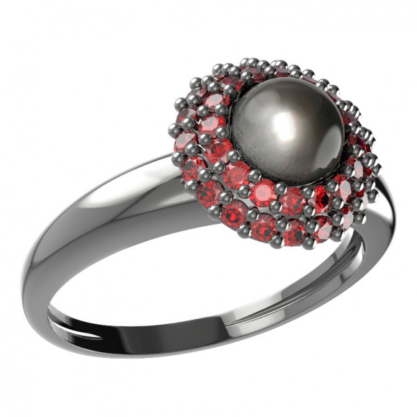 BG stříbrný prsten vsazena přírodní perla a granáty rhutenium 540I