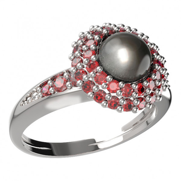 BG stříbrný prsten vsazena perla a granáty porhodiováno 540J