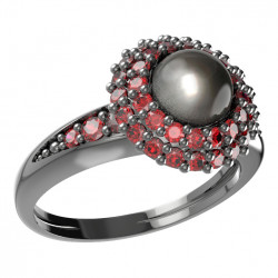 BG stříbrný prsten s perlou a granáty rhutenium 540J