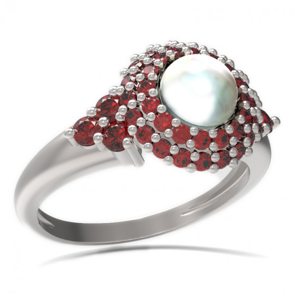 BG zlatý prsten přírodní perla a granáty bílé zlato 540U
