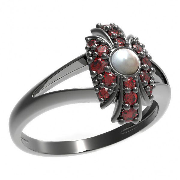 BG stříbrný prsten s perlou a granáty rhutenium 537V