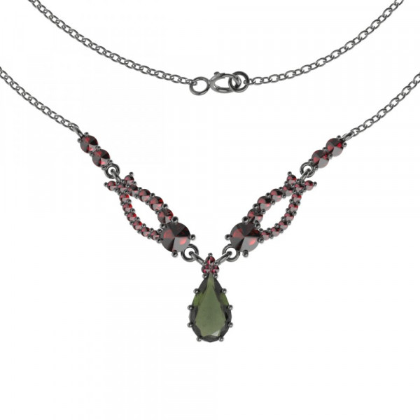 BG stříbrný náhrdelník vsazený český granát a vltavín rhutenium 501