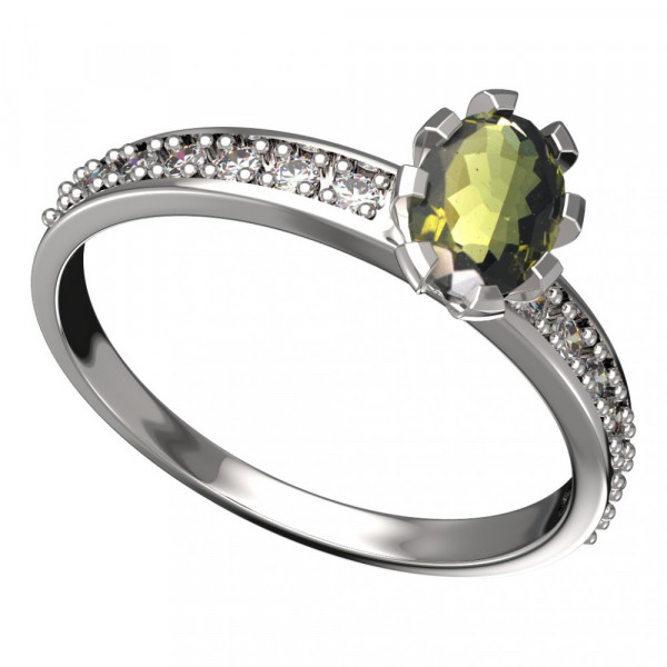 BG zlatý prsten s kameny: diamant a vltavín bílé zlato 560E