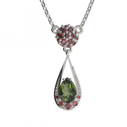 BG stříbrný náhrdelník s přírodním granátem a vltavínem porhodiováno 638