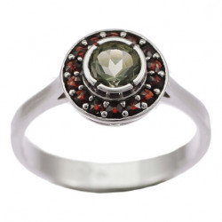 BG stříbrný prsten s přírodním granátem a vltavínem porhodiováno 754I