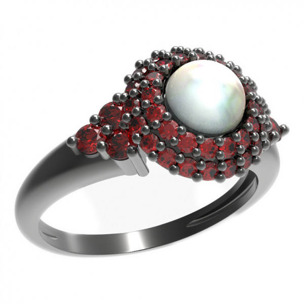 BG stříbrný prsten osázený: přírodní perla a granáty rhutenium 540U