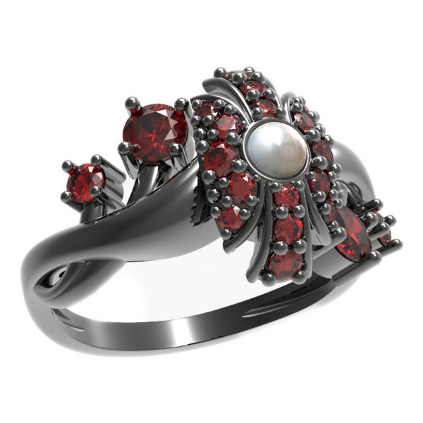 BG stříbrný prsten vsazena přírodní perla a granáty rhutenium 537P