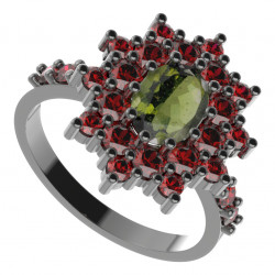 BG stříbrný prsten s přírodním granátem a vltavínem rhutenium 249