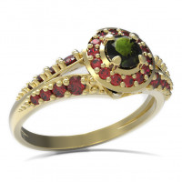 BG zlatý prsten s kameny čs. granát a vltavín   541