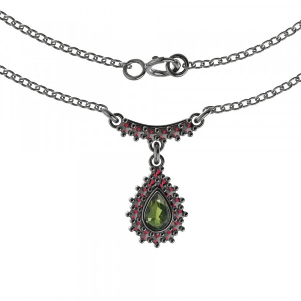 BG stříbrný náhrdelník vybroušený granát a vltavín rhutenium 053