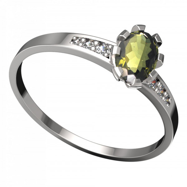 BG zlatý prsten s kameny: diamant a vltavín bílé zlato 560J