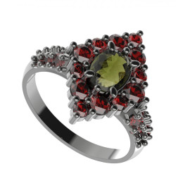BG stříbrný prsten s kameny čs. granát a vltavín rhutenium 422