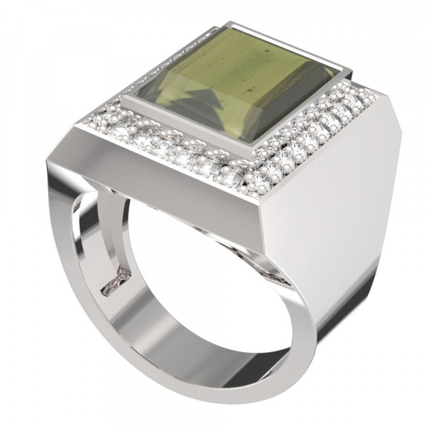 BG zlatý prsten vsazeny vltavín a diamant bílé zlato 713b