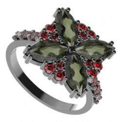 BG stříbrný prsten s kameny čs. granát a vltavín rhutenium 408