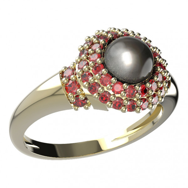 BG stříbrný prsten osázený: přírodní perla a granáty pozlaceno 540K