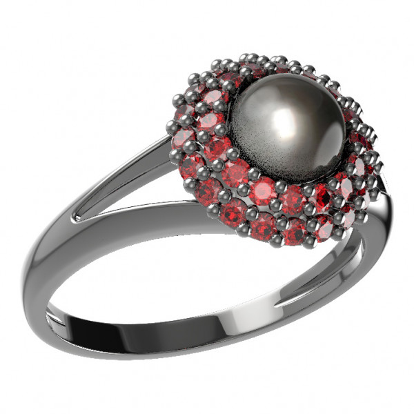 BG stříbrný prsten přírodní perla a granáty rhutenium 540V