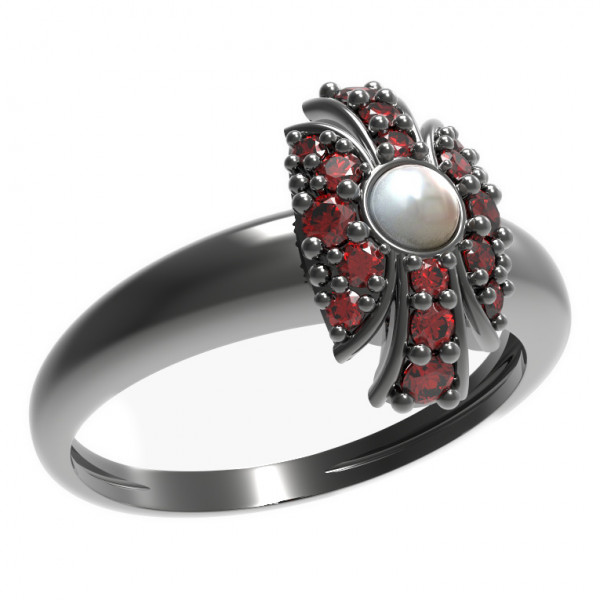 BG stříbrný prsten s přírodní perlou a granáty rhutenium 537I