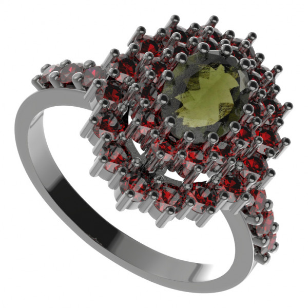 BG stříbrný prsten s kameny čs. granát a vltavín rhutenium 001