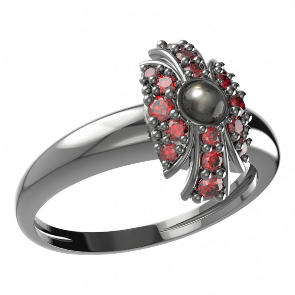 BG stříbrný prsten přírodní perla a granáty rhutenium 537I