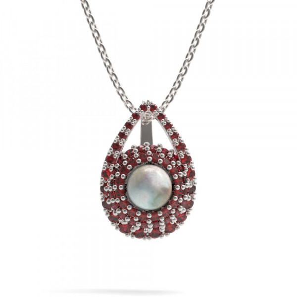 BG stříbrný přívěs s přírodní perlou a granáty porhodiováno 54090