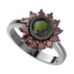 BG stříbrný prsten vsazený granát a vltavín rhutenium 946