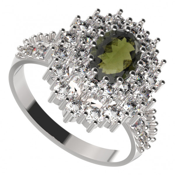 BG stříbrný prsten vltavín a kubické zirkony porhodiováno 001X