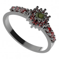 BG stříbrný prsten s přírodním granátem a vltavínem rhutenium 320