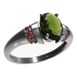 BG stříbrný prsten s kameny čs. granát a vltavín rhutenium 478