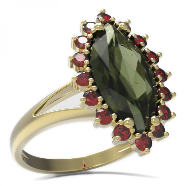 BG zlatý prsten osázen kameny: granát a vltavín   513