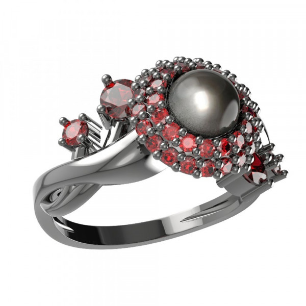 BG stříbrný prsten přírodní perla a granáty rhutenium 540