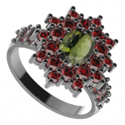 BG stříbrný prsten s kameny čs. granát a vltavín rhutenium 249