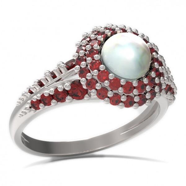 BG stříbrný prsten vsazena perla a granáty porhodiováno 540
