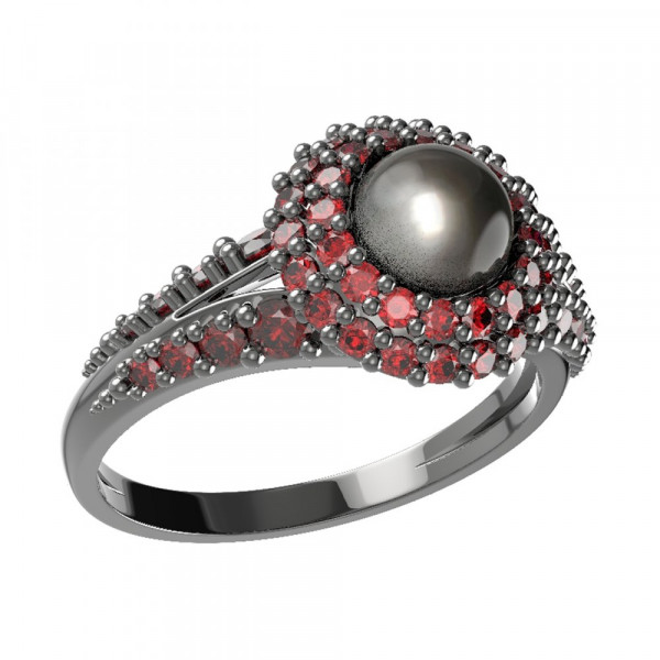 BG stříbrný prsten osázený: přírodní perla a granáty rhutenium 540